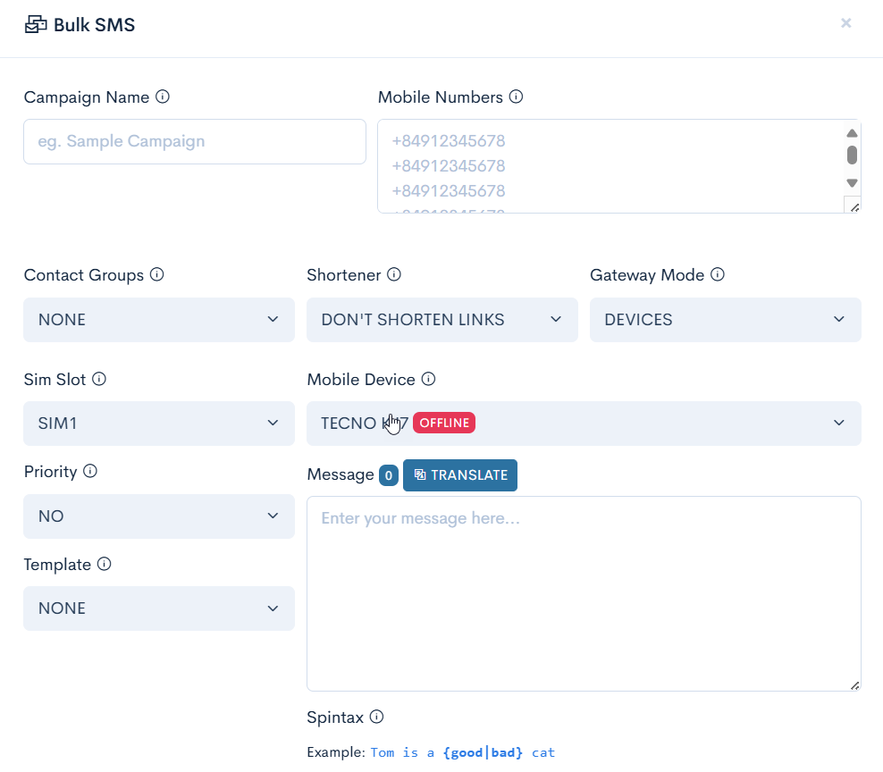 Bulk SMS Campaign Form
